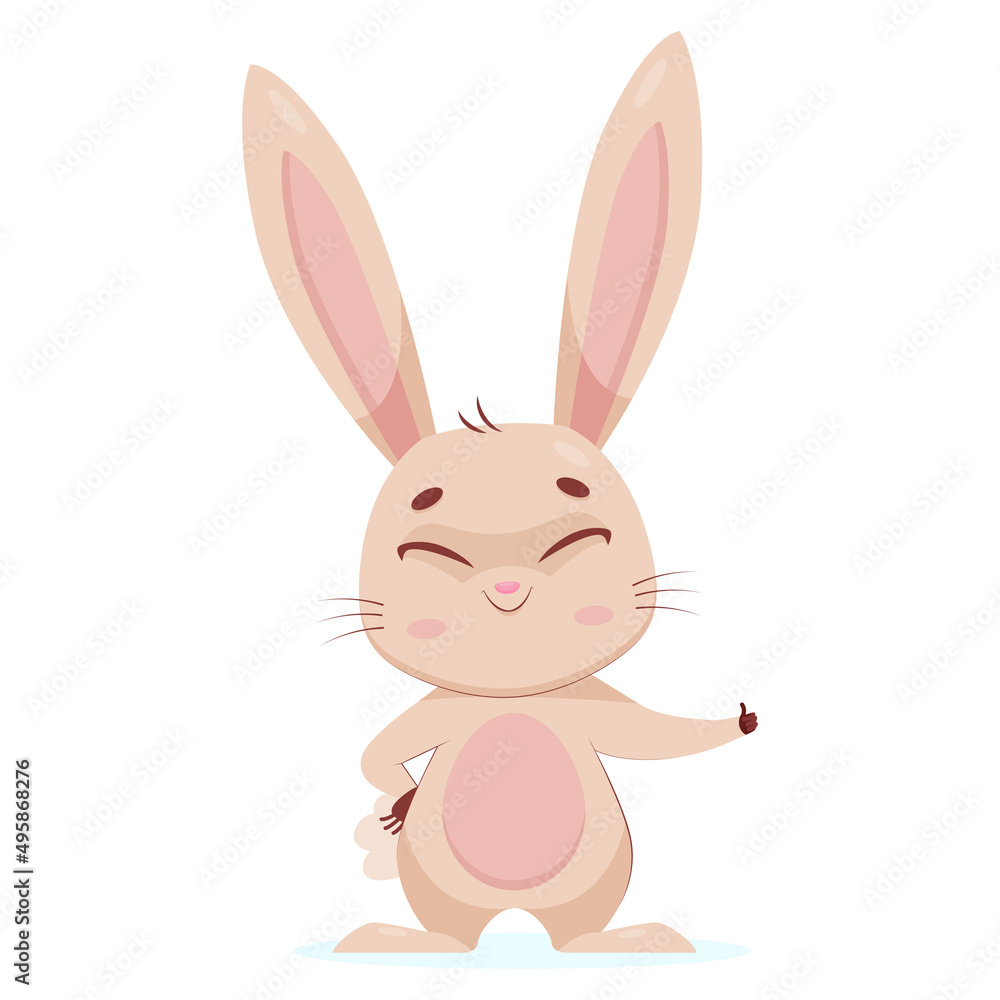 Rabbit showing thumbs up gesture. Happy rodent standing with closed eyes on white background and smiling cartoon vector illustration. Wildlife animal, gesturing concept Rabbit showing thumbs up gesture. Happy rodent standing with closed eyes on white background and smiling cartoon vector illustration. Wildlife animal, gesturing concept