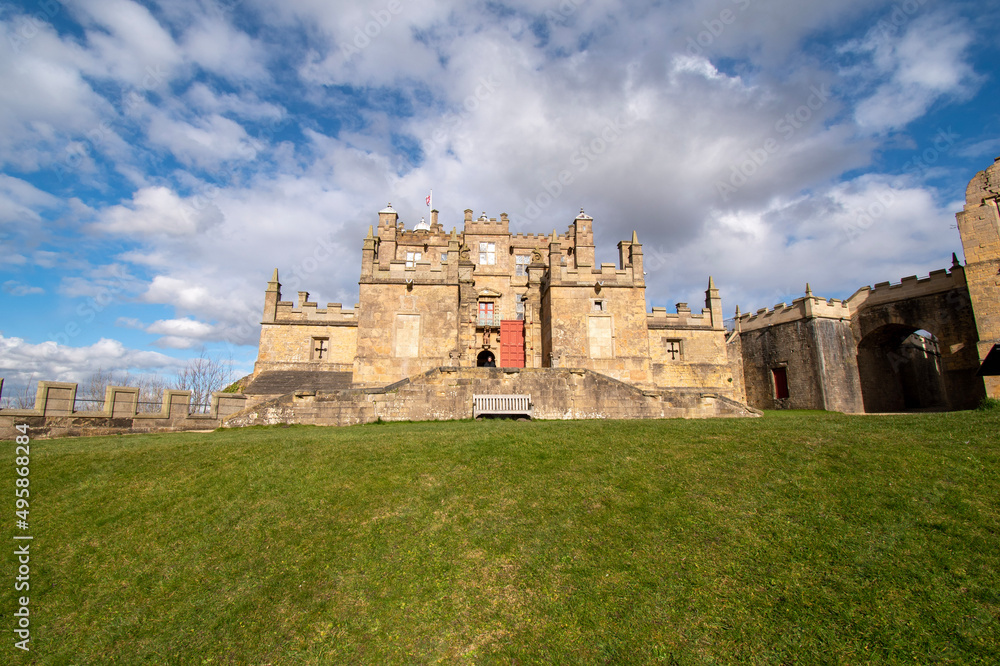 Blue, cloudy skies over Bolsover Castle's 'Little Castle', in Derbyshire, UK