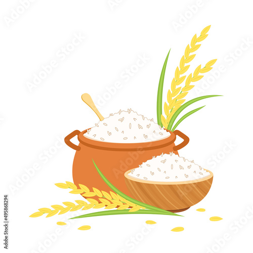 Cooking rice in earthen pot. Earth pot vector. Hot rice in bowl.