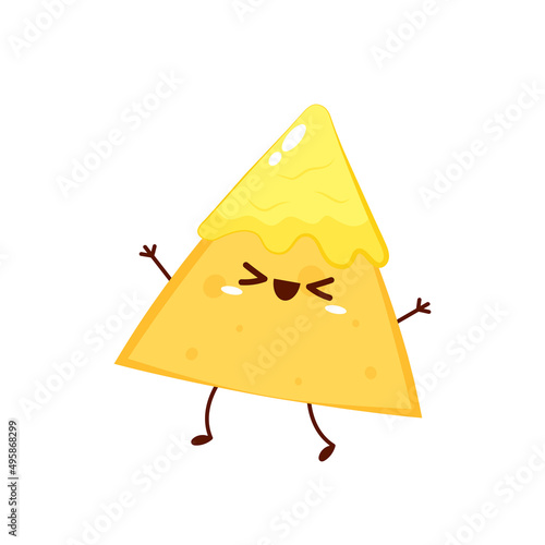 Nacho character design. Nacho and cheese dip vector. white background. wallpaper. free space for text. copy space. cheese stretch.