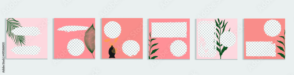 Social media covers with simple design elements . Boho style . Leaves . Post frame stories templates. Layout for promotion .Media banner .Vector Social media covers with simple design elements . Boho style . Leaves . Post frame stories templates. Layout for promotion .Media banner .Vector
