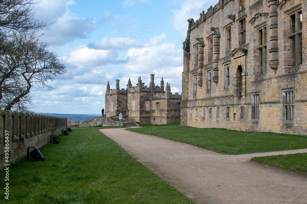 Wide angle view of Long Gallery and Little Castle at Bolsover Castle in Derbyshire, UK