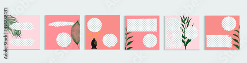 Social media covers with simple design elements . Boho style . Leaves . Post frame stories templates.  Layout for promotion .Media banner .Vector
