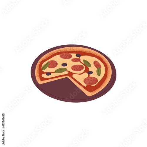 Italian pizza served on plate with absent piece. Vegetarian food with tomato, olives, basil, mozzarella cheese, sauce and thick crust. Flat vector illustration isolated on white background