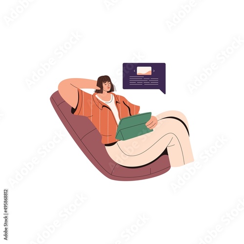 Relaxed woman reading online with tablet PC. Young person sitting in chair, surfing internet, lounging at leisure time, studying with gadget. Flat vector illustration isolated on white background