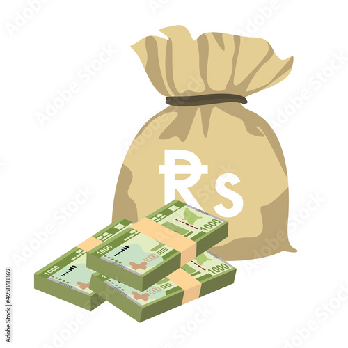 Sri Lanka Rupee Vector Illustration. Sri Lanka money set bundle banknotes. Money bag 1000 Rs. Flat style. Isolated on white background. Simple minimal design.