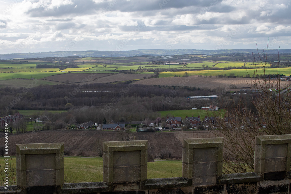 Views of Derbyshire countryside and cloudy skies, from the walls of Bolsover Castle in Derbyshire, UK