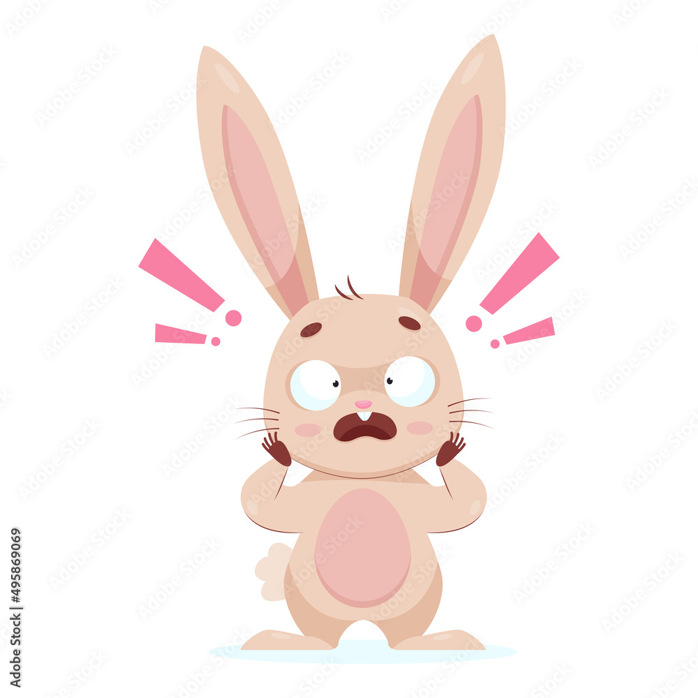 Frustrated rabbit with open mouth cartoon vector illustration. Confused bunny with exclamation marks above it holding its head with paws. Wildlife animal, emotion concept Frustrated rabbit with open mouth cartoon vector illustration. Confused bunny with exclamation marks above it holding its head with paws. Wildlife animal, emotion concept