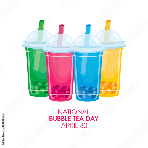 National Bubble Tea Day vector. Fruit Bubble Tea icon set isolated on a white background. Colorful drink in a plastic cup with a straw icon vector. Bubble Tea Day Poster, April 30. Important day