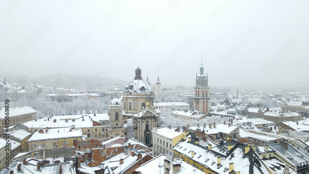 Aerial view of the Lviv old town in winter