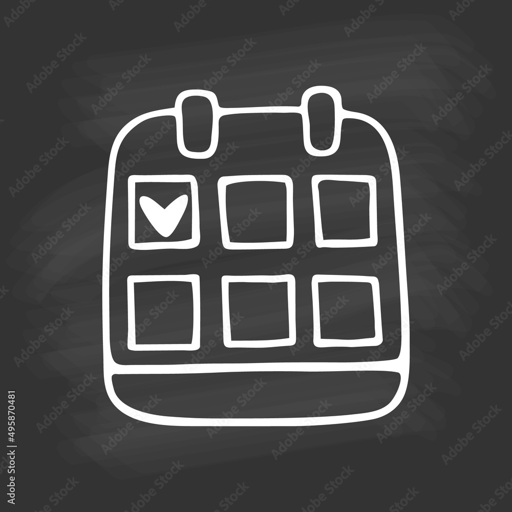 Hand drawn calendar, scheduler on chalkboard. White outline on black background. Cute element in doodle style for card, social media banner, sticker, decoration kids playroom. Vector illustration Hand drawn calendar, scheduler on chalkboard. White outline on black background. Cute element in doodle style for card, social media banner, sticker, decoration kids playroom. Vector illustration