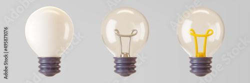 3d white light bulb icon set isolated on gray background. Render cartoon style minimal white and transparent glass light bulb. Creativity idea, business success, strategy concept. 3d realistic vector.