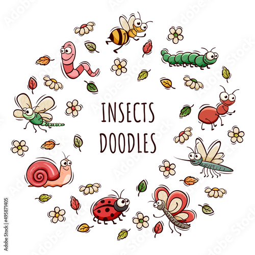 Hand drawn icons set of cute insect in doodle sketch style. Vector illustration for icon, background, frame design.