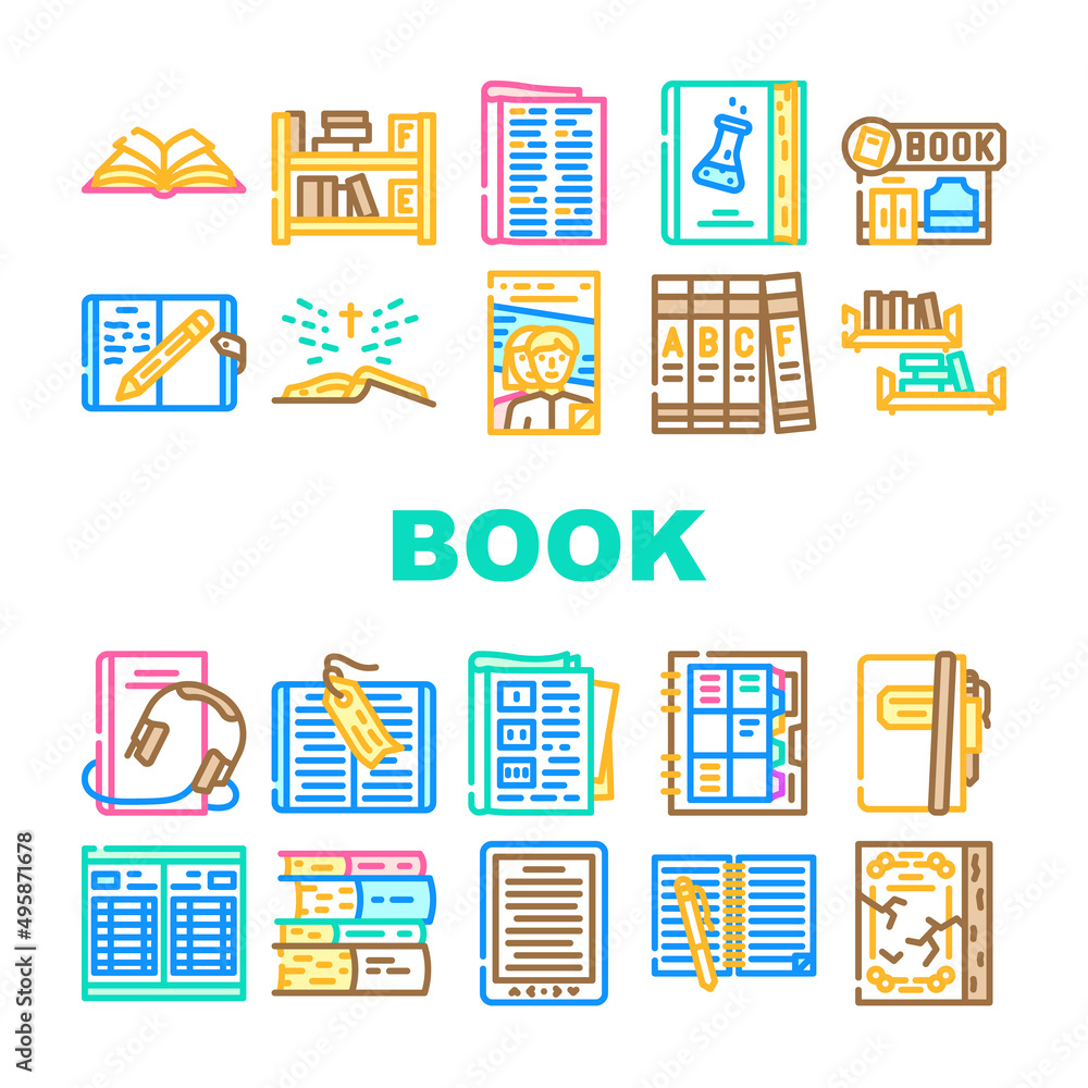 Book And Magazine Press For Read Icons Set Vector. Bookmark Accessory For Reading Encyclopedia And Holy Bible, Diary And Notebook, Educational And Electronic Audio Book Color Illustrations
