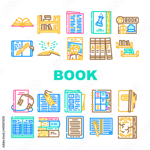 Book And Magazine Press For Read Icons Set Vector. Bookmark Accessory For Reading Encyclopedia And Holy Bible  Diary And Notebook  Educational And Electronic Audio Book Color Illustrations