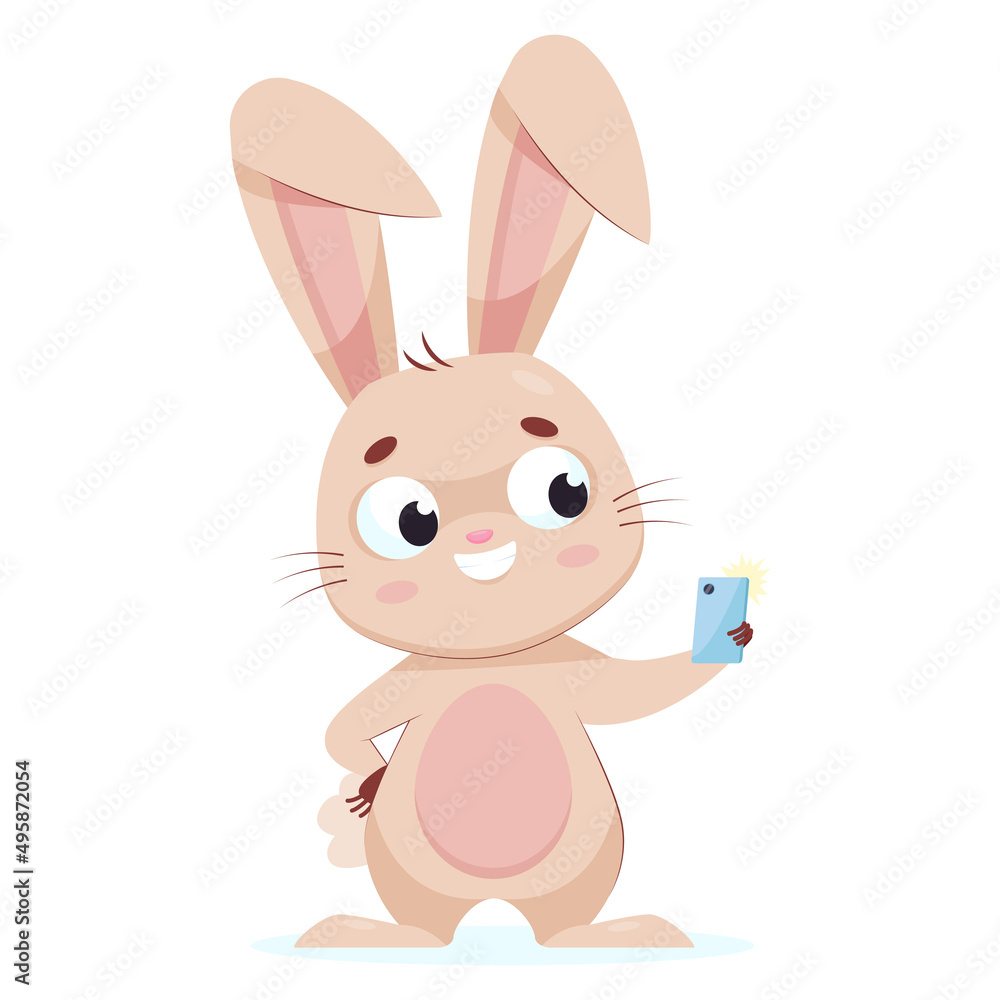 Fototapeta premium Cute bunny taking selfie on phone cartoon vector illustration. Fluffy rodent taking photo, looking at smartphone camera and posing. Wildlife animal, photography concept