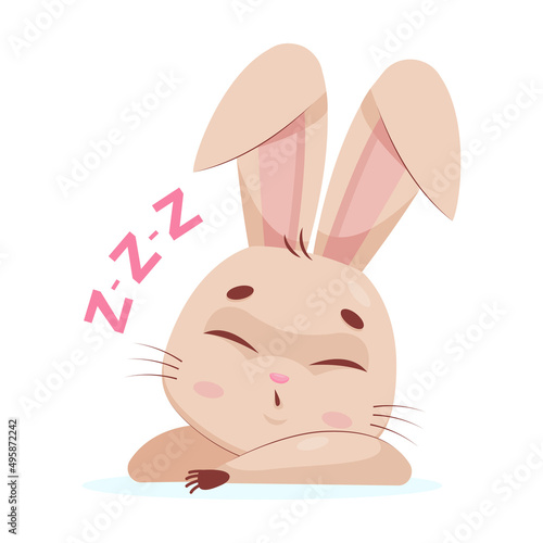Adorable rabbit sleeping on his paw cartoon vector illustration. Bunny with closed eyes on white background, relaxing, sniffing. Wildlife animal, rest, sleep cycle concept