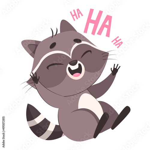 Happy racoon laughing cartoon vector illustration. Adorable mammal sitting on white background, having fun, enjoying life. Wildlife animal, entertainment, relax concept
