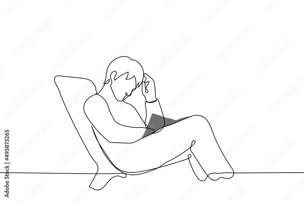 man is sitting in sun lounger reading book, he is thoughtful and fully involved - one line drawing vector. concept of reading fiction or scientific literature, book lover with a book man is sitting in sun lounger reading book, he is thoughtful and fully involved - one line drawing vector. concept of reading fiction or scientific literature, book lover with a book