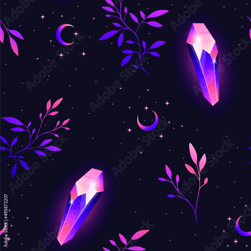 Seamless pattern with magic crystals of stones, herbs and constellations. Trendy texture for print, textile, packaging.