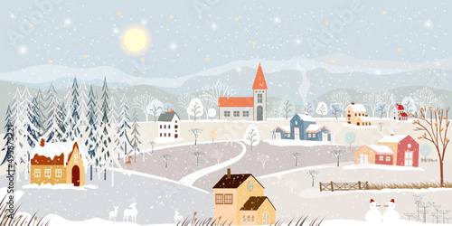 Winter landscape in village at night in countryside background,Vector horizontal banner winter wonderland with house on hills and forest pine tree,Backdrop for Celebrating Christmas and New Year 2023