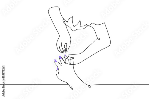 manicure - one line drawing vector. the process of painting the nails on the hands, the manicurist at work