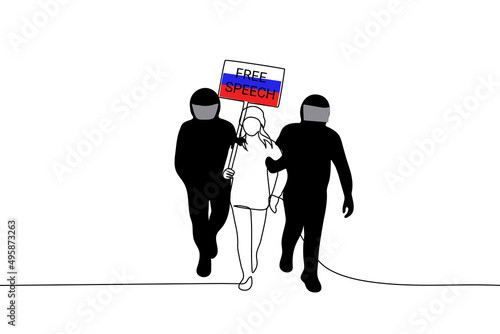 woman with "freedom of speech" placard against background of the Russian flag is being led by security officials in protective uniforms - one line drawing vector. concept of ban on freedom of speech
