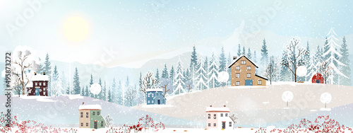 Winter wonderland landscape card with silhouettes of misty pine trees in forest with wooden barn,Vector illustration banner of peaceful natural in minimalist style for Christmas,New Year background
