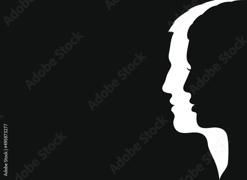 Man and woman graphic sign. Male and female face silhouettes isolated on black background. Vector illustration