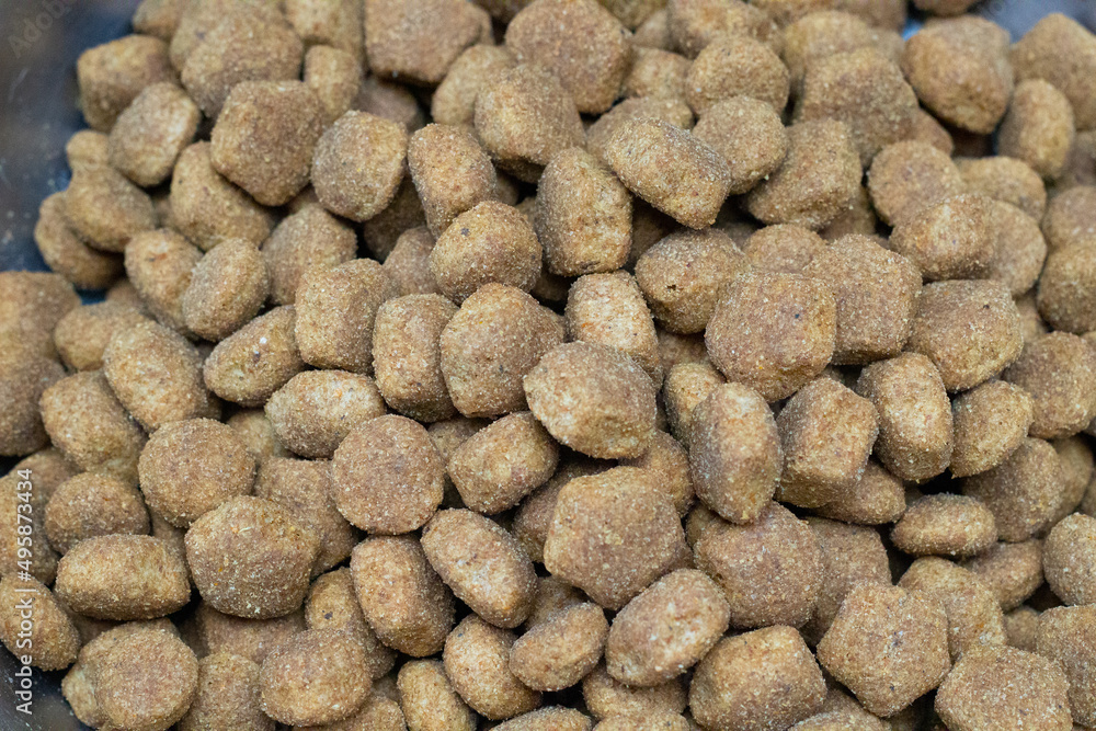 Dog food close-up. Background texture. High quality animal feed. Protein content and healthy nutrition for dogs. Large dry granules or pellets. Dog food close-up. Background texture. High quality animal feed. Protein content and healthy nutrition for dogs. Large dry granules or pellets.