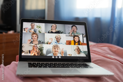 Virtual Meeting. Group Video Call In Bed At Home, Online Communication And Remote Chat Creative Collage