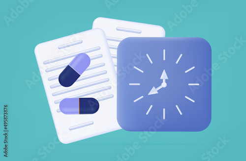 Pill and clock. Taking medication on time. Dosage of drugs according to the schedule and by the hour. Modern pharmaceutical concept. Banner with capsules and pills, reminder and healthcare. Vector 3d