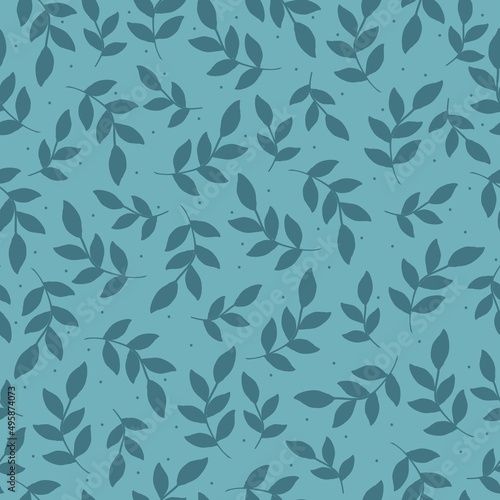 Seamless vintage pattern. Blue plants leaves and dots. light turquoise background. vector texture. fashionable print for textiles, wallpaper and packaging.