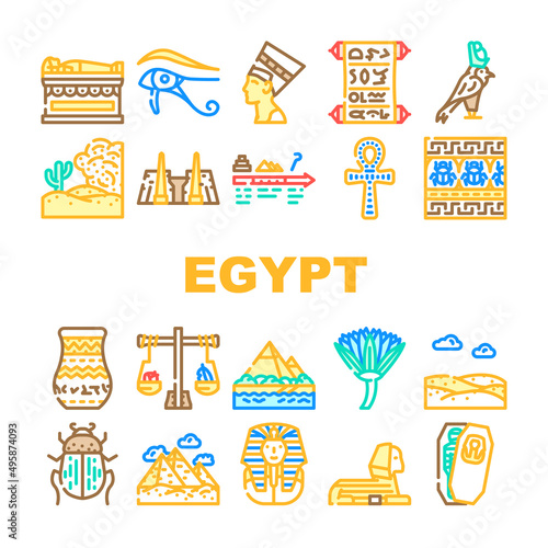 Egypt Civilization Landscape Icons Set Vector. Nefertiti Egypt Queen And Pharaoh Sarcophagus, Antique Vase And Ankh Ancient Decoration, Sahara Desert And Nile River Color Illustrations