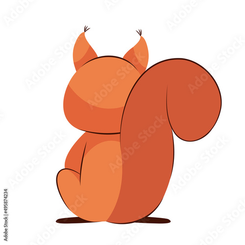 Back view of squirrel with big furry tail. Cute little wildlife animal with ears on white background cartoon vector illustration. Rodent, creature, forest concept