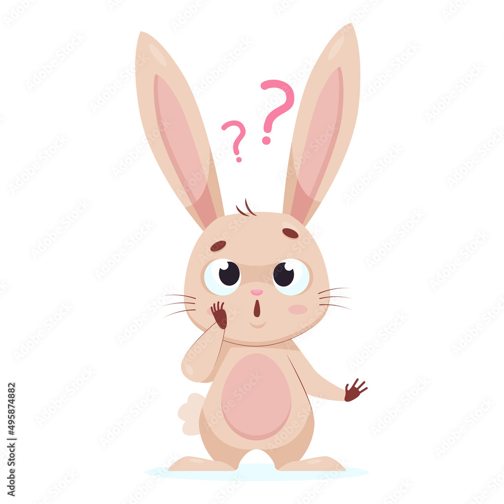 Rabbit with question marks above it cartoon vector illustration. Excited fluffy rodent standing with open mouth, thinking, looking for solution. Wildlife animal concept Rabbit with question marks above it cartoon vector illustration. Excited fluffy rodent standing with open mouth, thinking, looking for solution. Wildlife animal concept