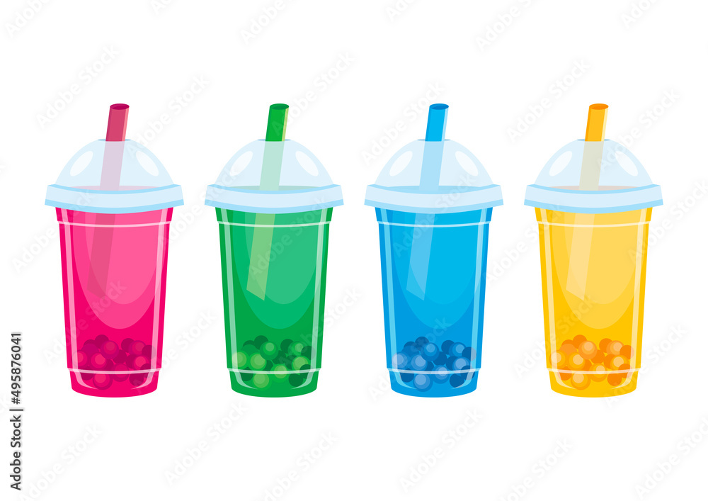 Fototapeta premium Fruit Bubble Tea drink in a plastic cup icon set vector. Colorful drink in a plastic cup with a straw icon vector isolated on a white background. Bubble Tea drinks in a row design element