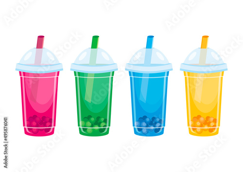 Fruit Bubble Tea drink in a plastic cup icon set vector. Colorful drink in a plastic cup with a straw icon vector isolated on a white background. Bubble Tea drinks in a row design element