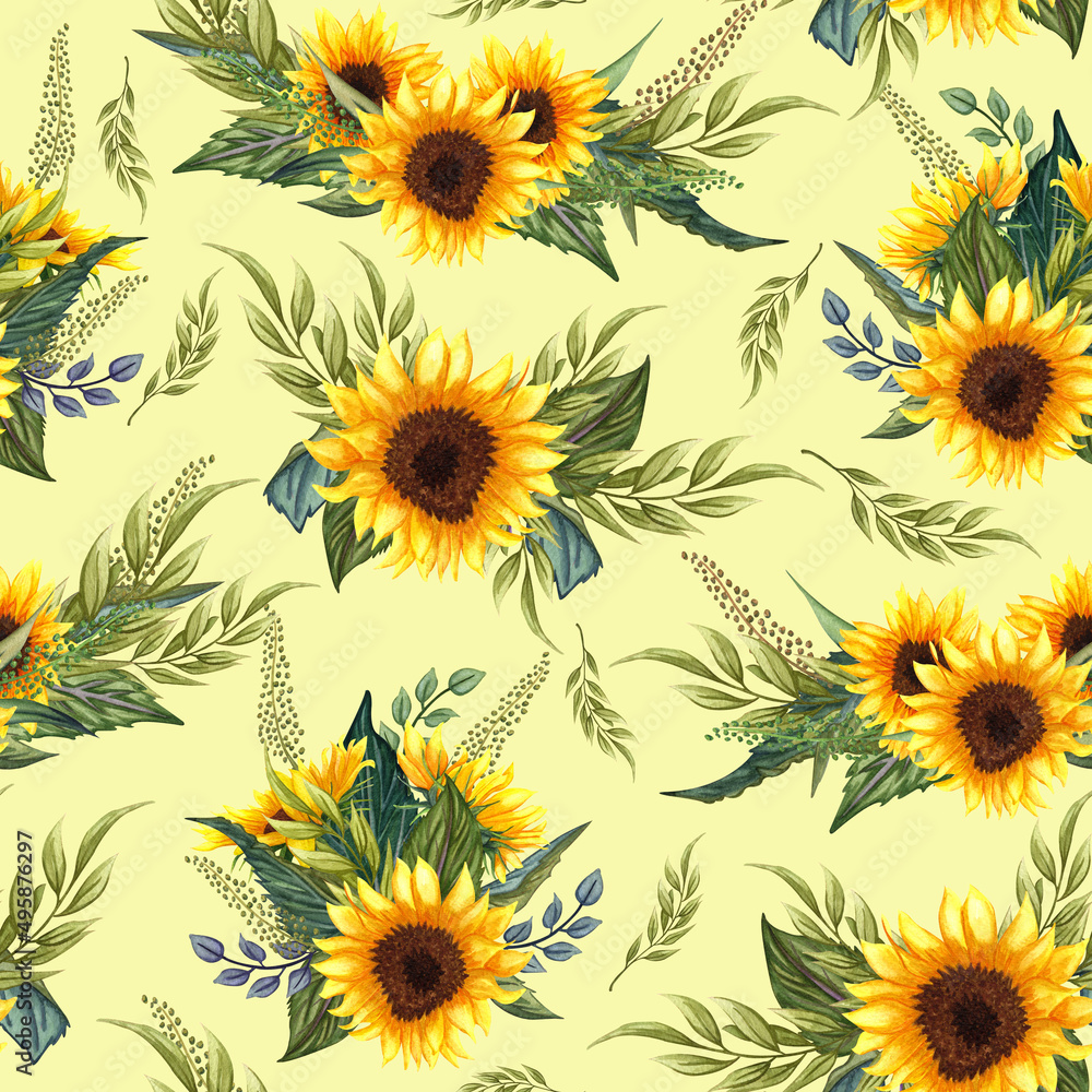 Seamless pattern with sunflowers on yellow background. Collection decorative floral design elements. Flowers, buds, and leaves hand drawn with watercolor. Seamless pattern with sunflowers on yellow background. Collection decorative floral design elements. Flowers, buds, and leaves hand drawn with watercolor.