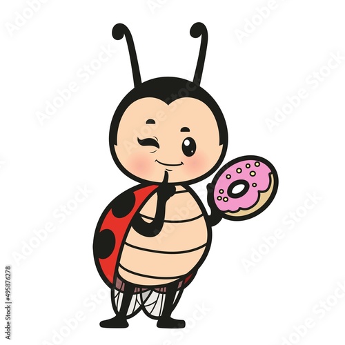 Cute cartoon ladybug with tasty donut color variation for coloring page on white background