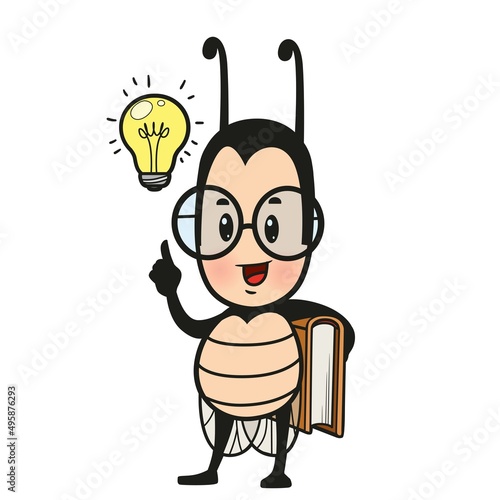 Cute cartoon ladybug with book tell of idea color variationd for coloring page on white background