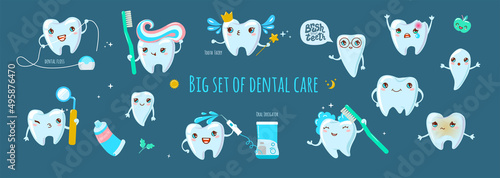Big set of dental care. Vector Illustration of cute teeth, toothpaste, toothbrush, floss, oral irrigator. Dentistry concept for pediatric dentistry and orthodontics.