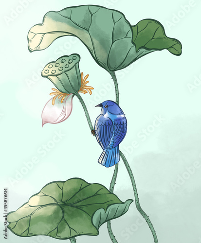 Colorful illustration, lotus leaves, branches, petal and a blue bird, digital art. photo