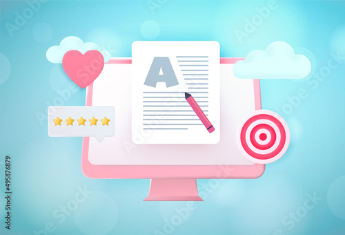 Blog articles creation - content writing concept 3d vector illustration. Freelance article work writer, media and copywriter creator.