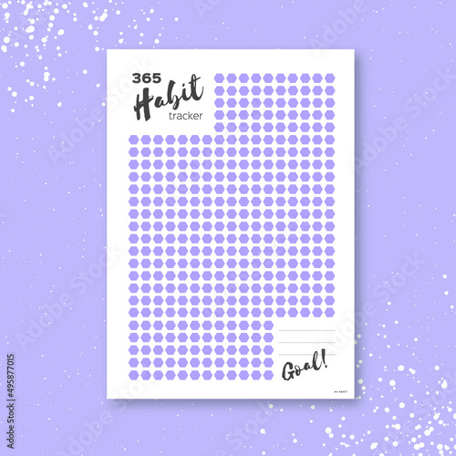 Habit tracker. 365 days template habit diary for year. Journal planner. Bullet journal. Goal list .Paper size A4. Hexagon shape. undated.