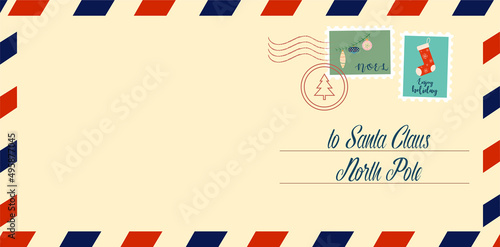 Santa Claus envelope with Christmas stamp. Flat vector illustration