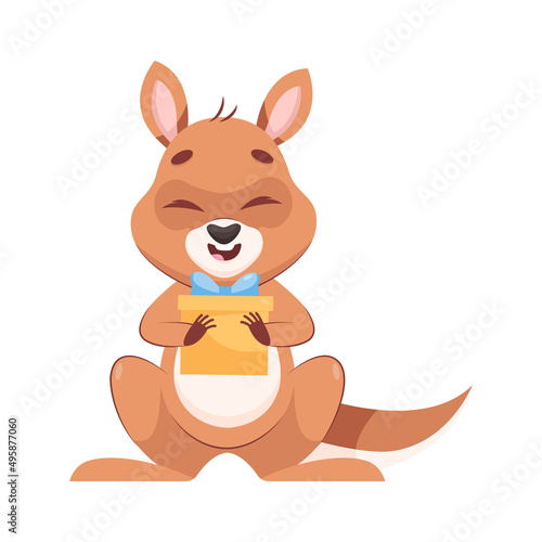 Adorable kangaroo with gift box cartoon vector illustration. Lovely mammal smiling with closed eyes  receiving or giving present. Wildlife animal  marsupial  celebration concept