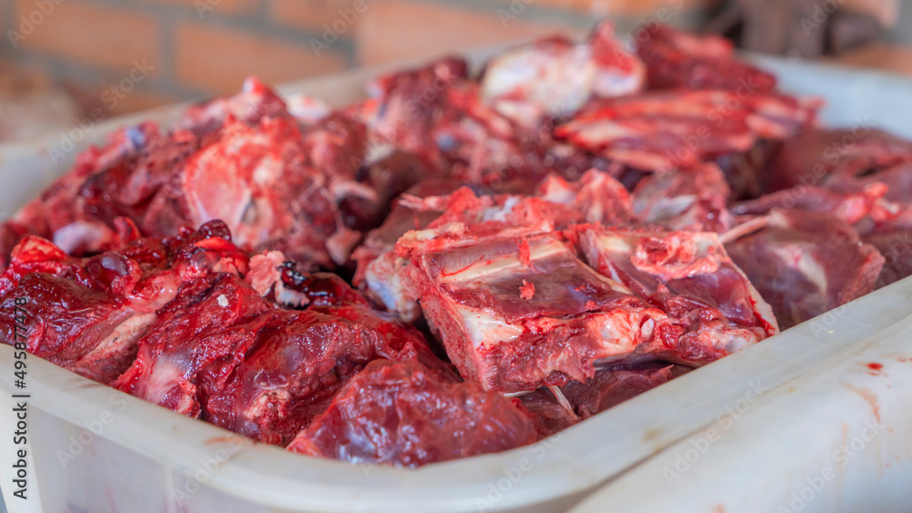 Organic wild venison from a deer in white box. Raw deer red meet. Butchering and Processing Wild Game Deer Meat. - obrazy, fototapety, plakaty 