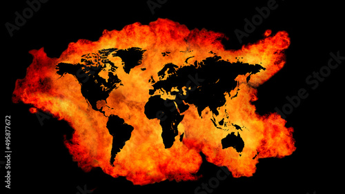 Valokuva image of a map of the world surrounded on all sides by a raging flame