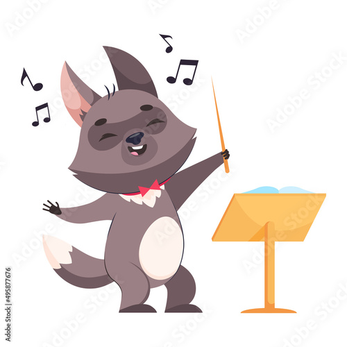 Wolf waving conductors baton cartoon vector illustration. Happy animal conductor character standing near music rest with closed eyes, singing. Wildlife animal, predator, art concept